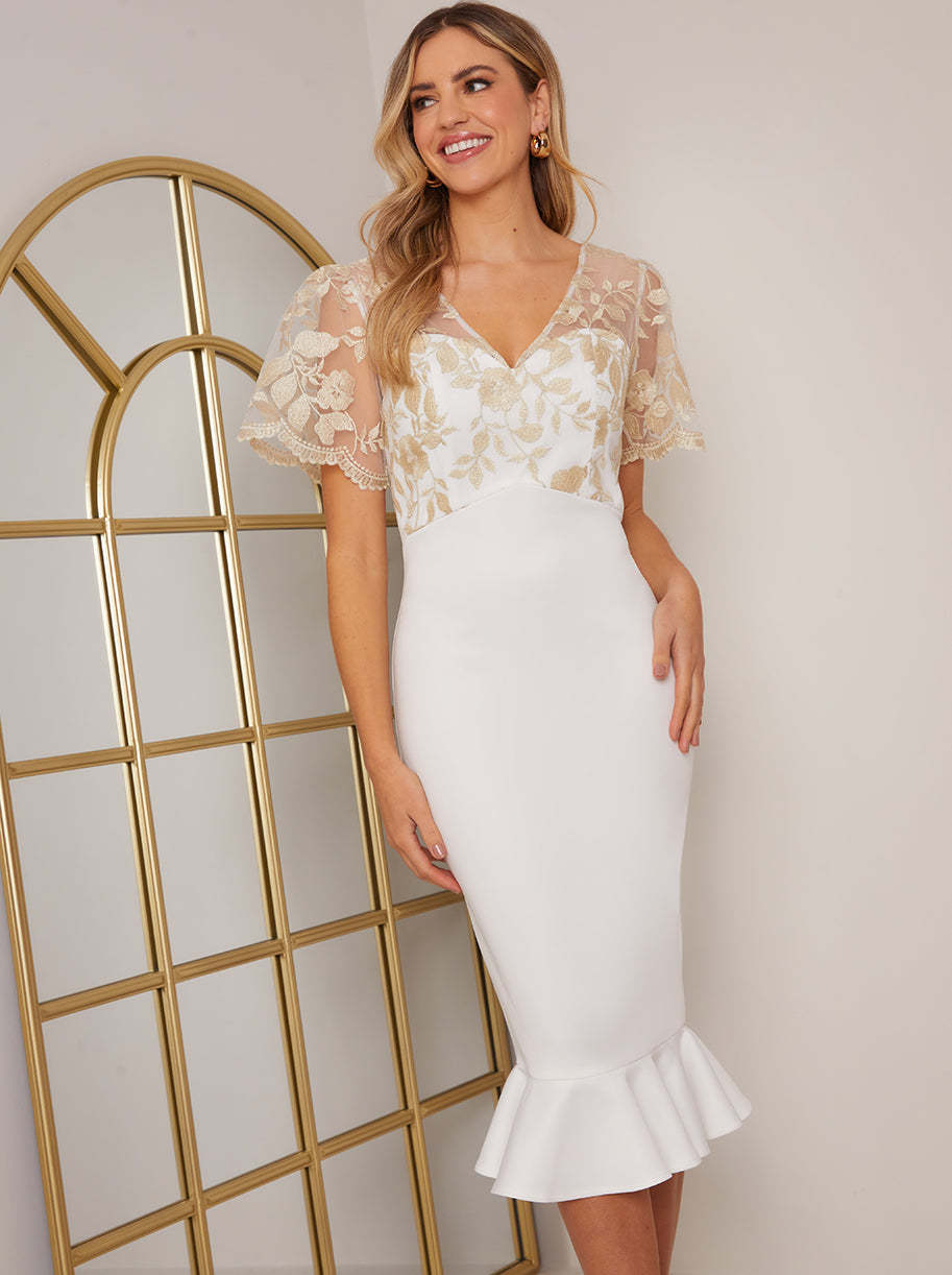 V Neck Embroidered Bodycon Dress in White