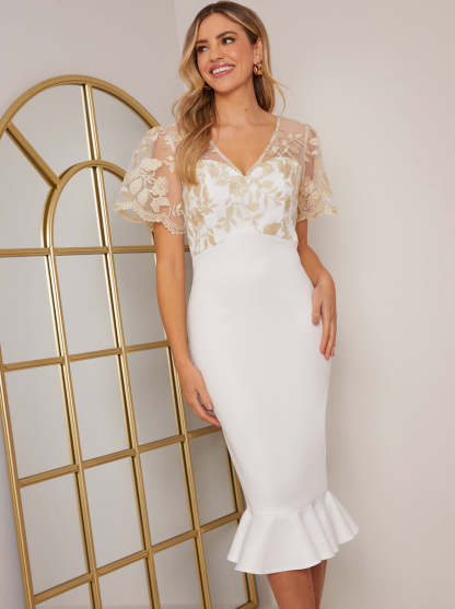 V Neck Embroidered Bodycon Dress in White