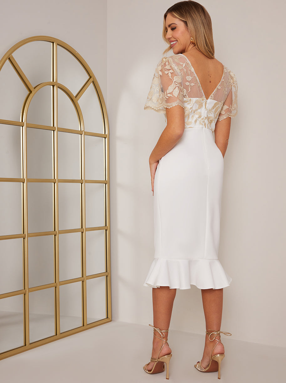 V Neck Embroidered Bodycon Dress in White