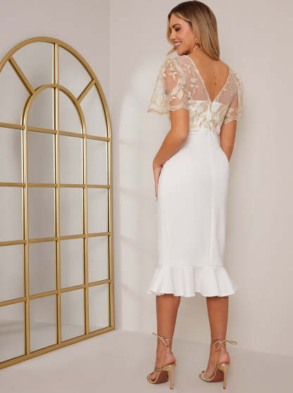 V Neck Embroidered Bodycon Dress in White