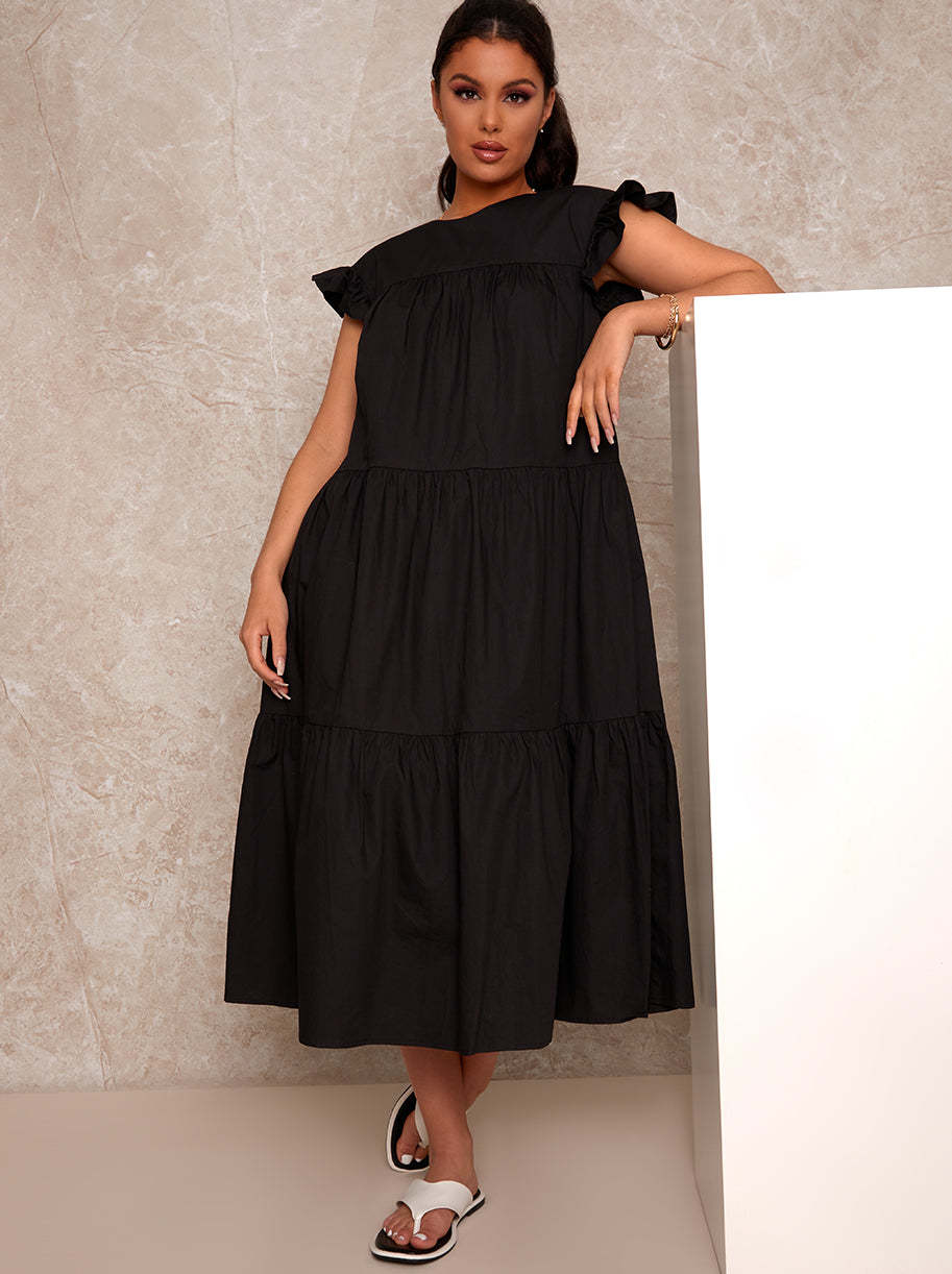 Ruffle Detail Tiered Smock Midi Dress in Black