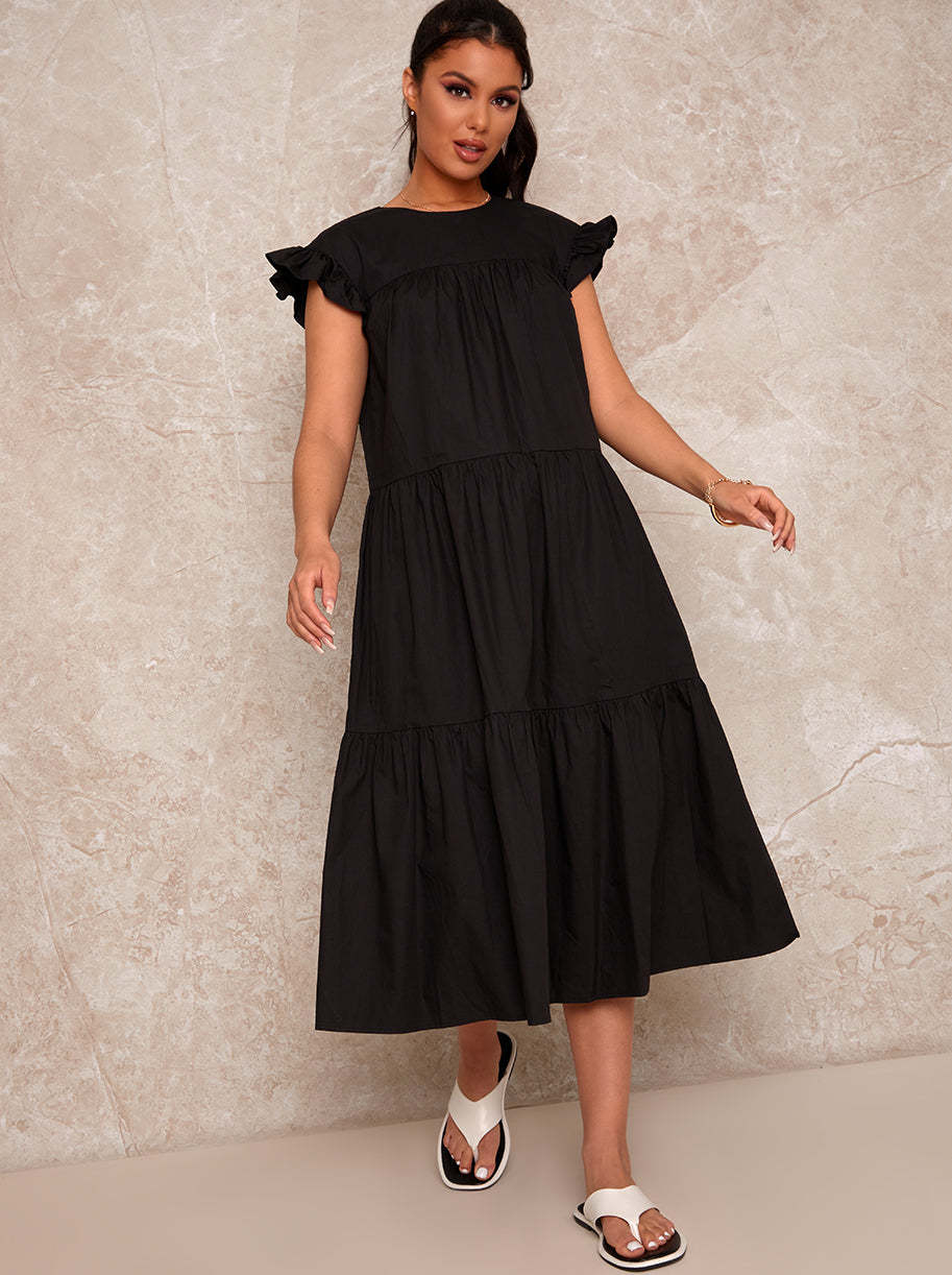 Ruffle Detail Tiered Smock Midi Dress in Black