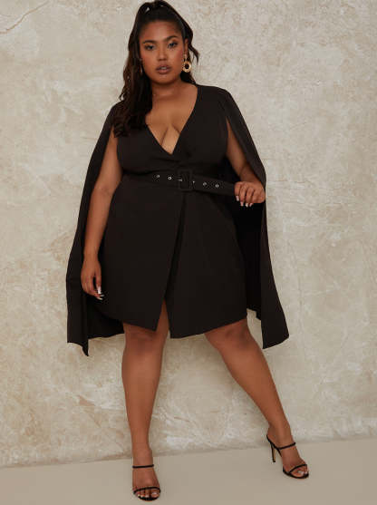 Plus Size Blazer Dress with Cape Detail in Black