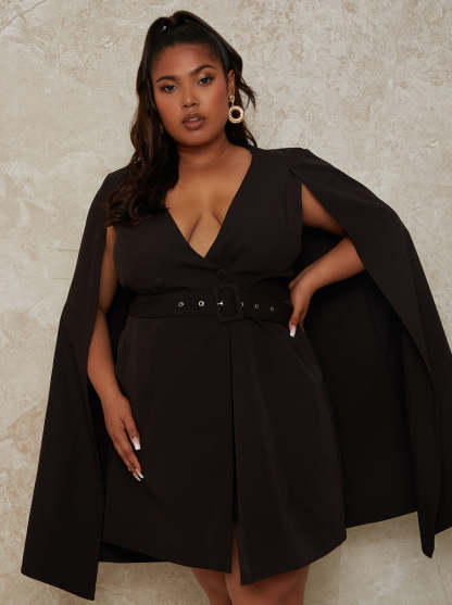 Plus Size Blazer Dress with Cape Detail in Black