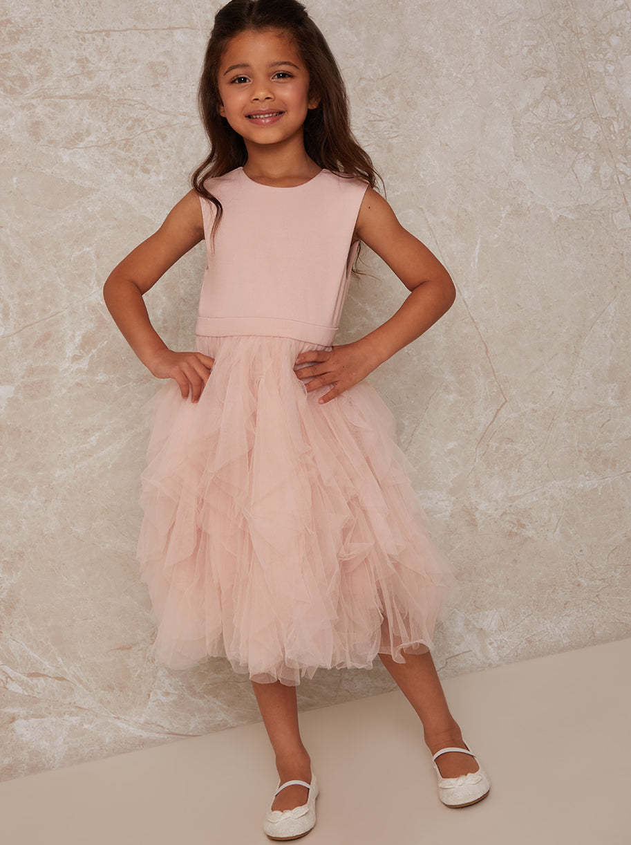 Girls Mesh Layered Tulle Skirt Dress in Pink