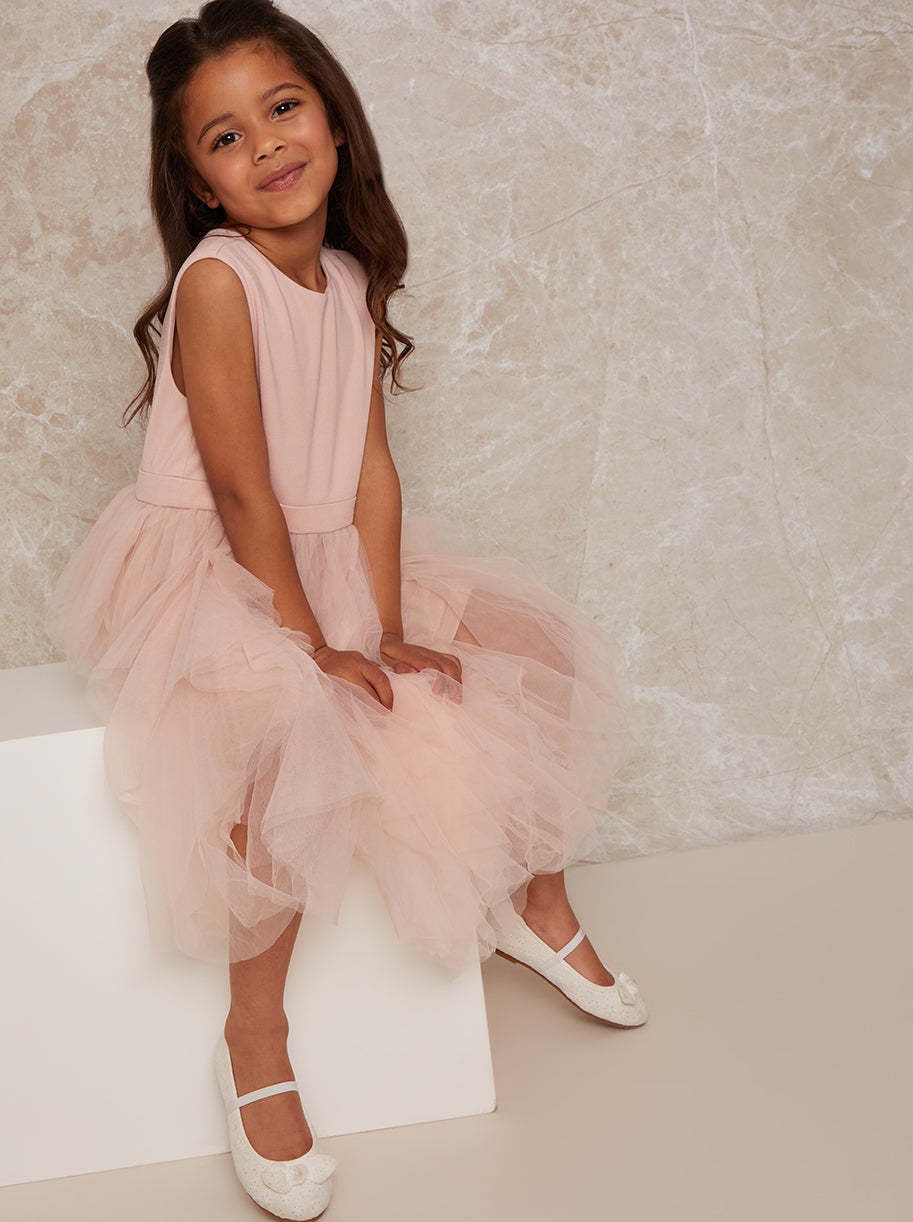 Girls Mesh Layered Tulle Skirt Dress in Pink