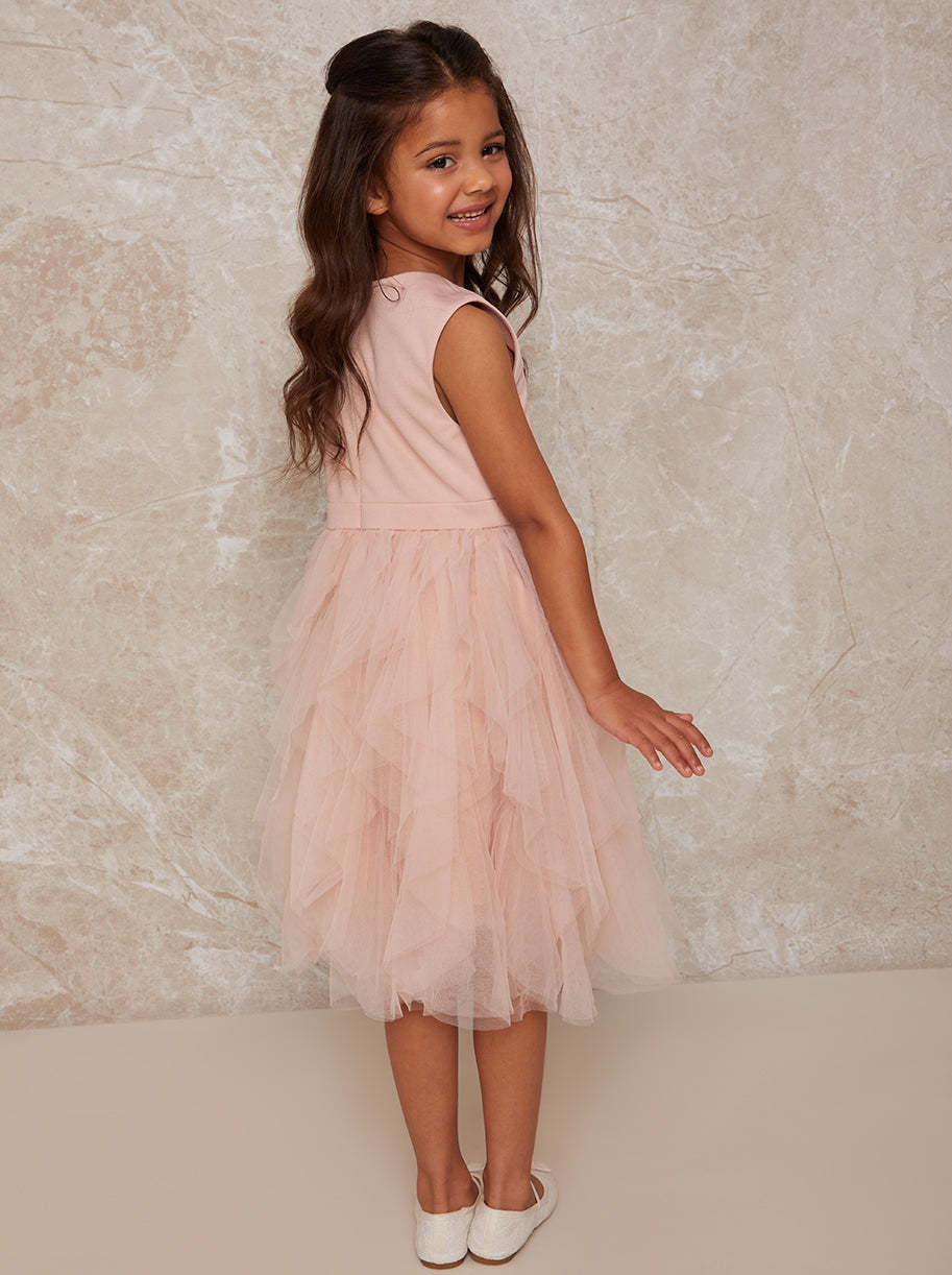 Girls Mesh Layered Tulle Skirt Dress in Pink