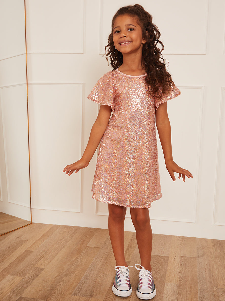 Younger Girls Short Sleeve Sequin Midi Dress in Pink Chi Chi London UK