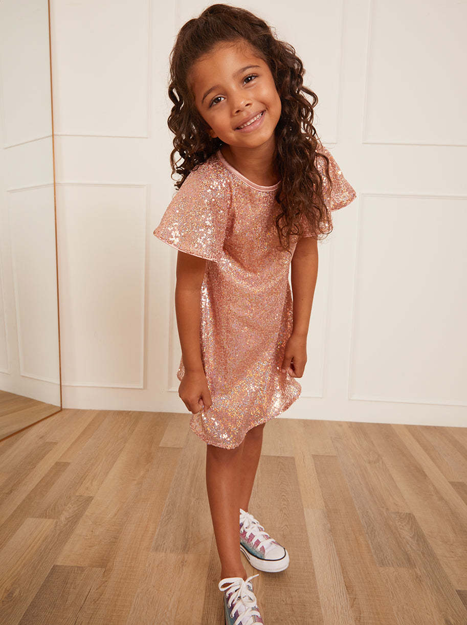 Younger Girls Short Sleeve Sequin Midi Dress in Pink