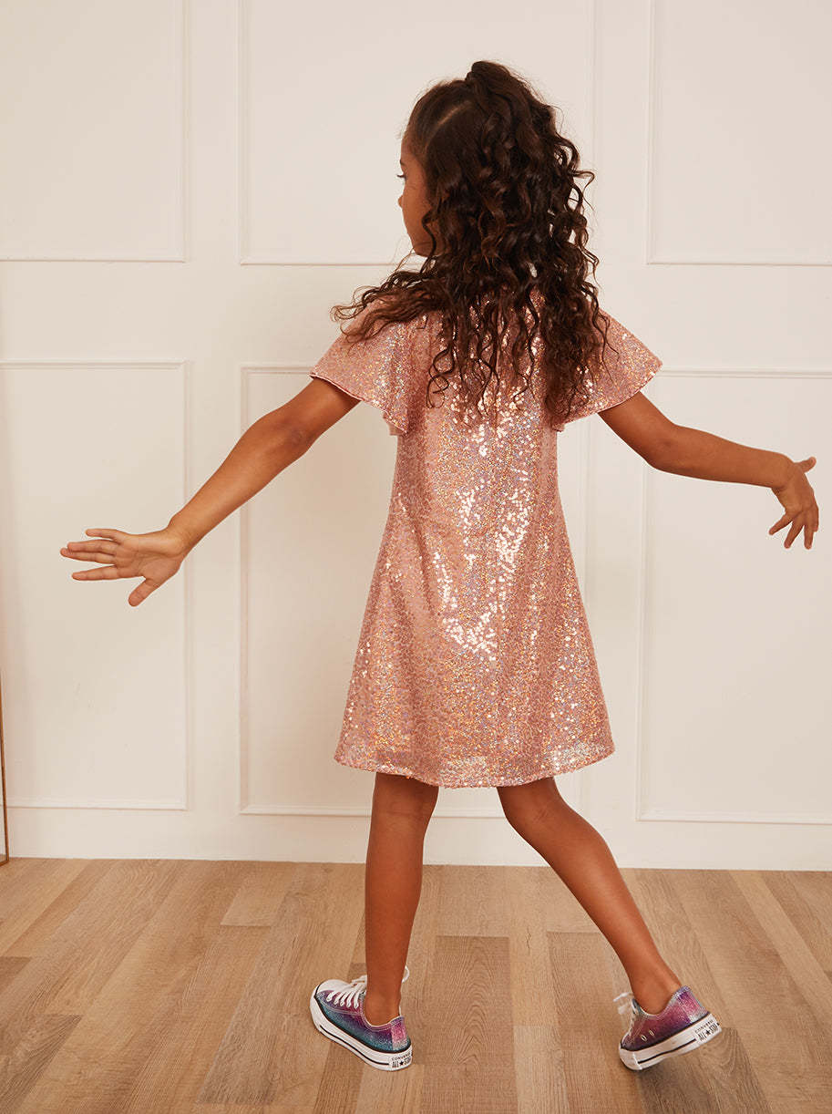 Younger Girls Short Sleeve Sequin Midi Dress in Pink