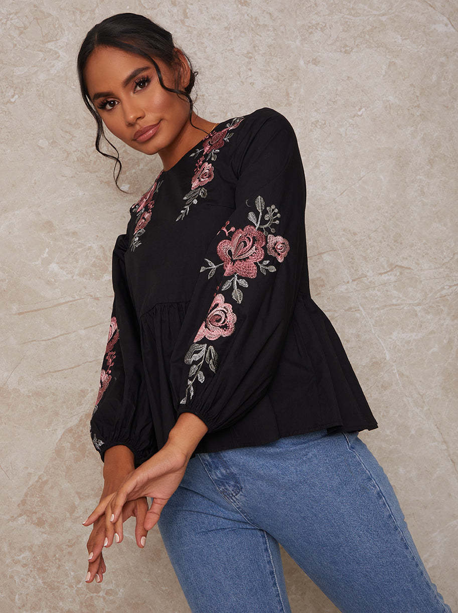 Long Sleeve Embroidered Detail Smock Top in Black