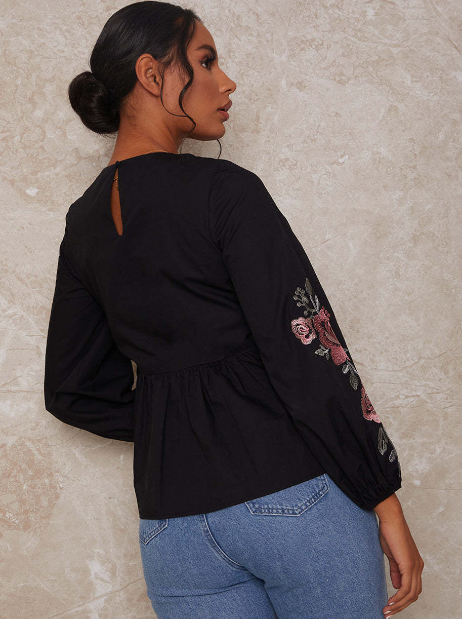 Long Sleeve Embroidered Detail Smock Top in Black
