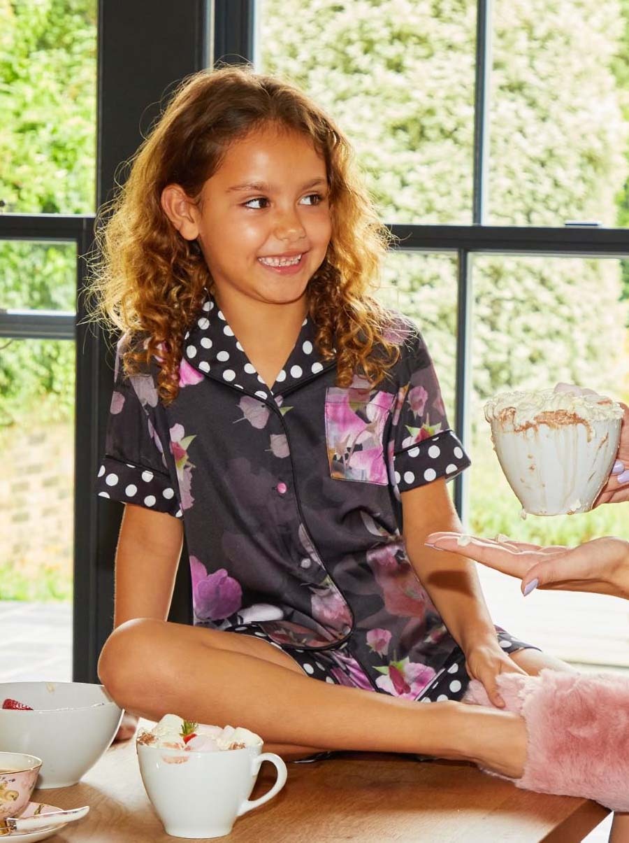 Girls Floral Spot Print Pyjama Short Set in Black