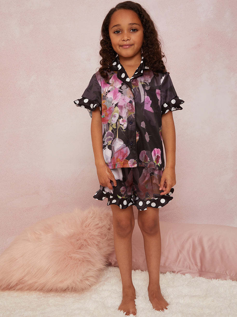 Girls Floral Spot Print Pyjama Short Set in Black