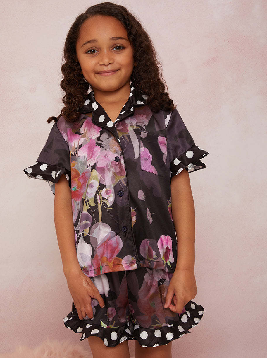 Girls Floral Spot Print Pyjama Short Set in Black