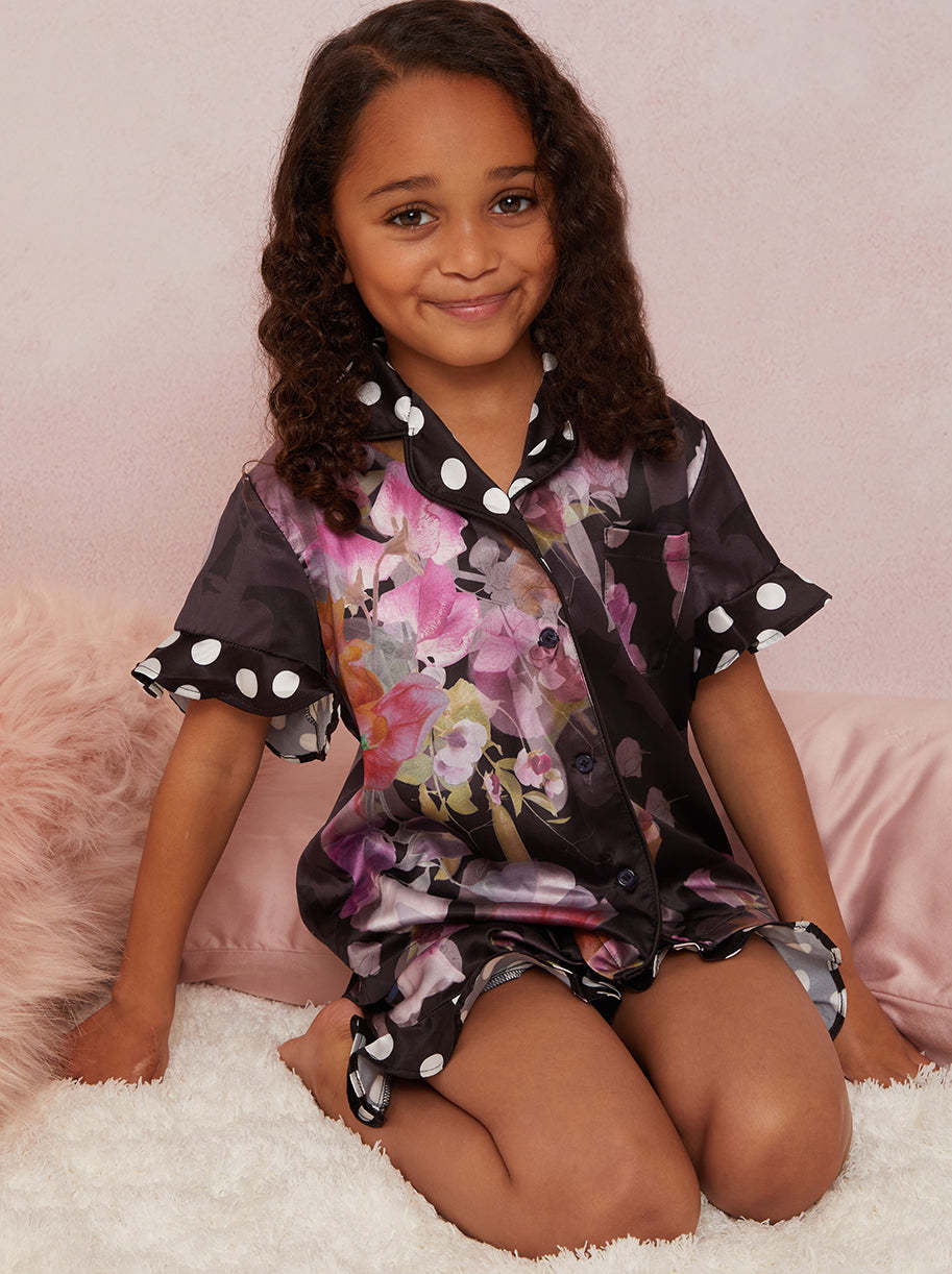 Girls Floral Spot Print Pyjama Short Set in Black