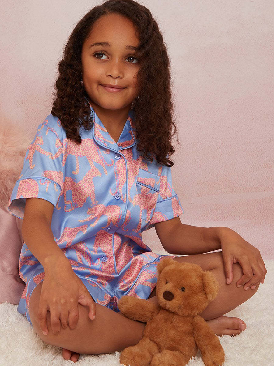 Girls Animal Print Short Pyjamas in Blue