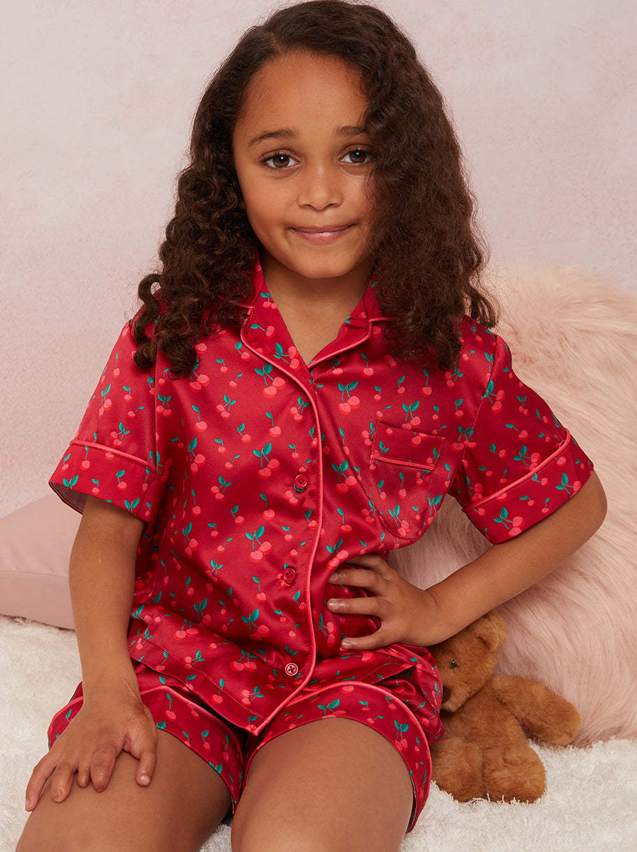 Girls Cherry Print Pyjama Short Set in Red