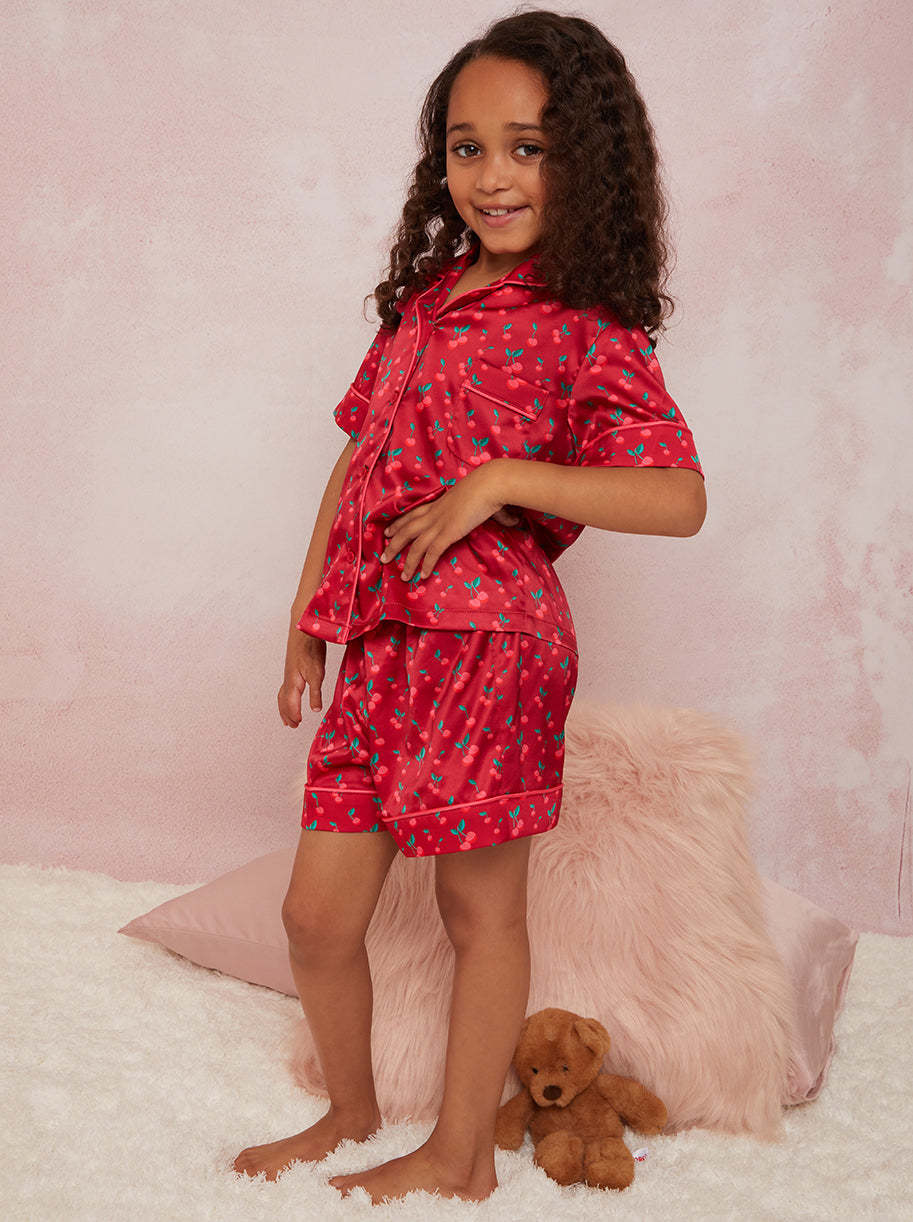 Girls Cherry Print Pyjama Short Set in Red