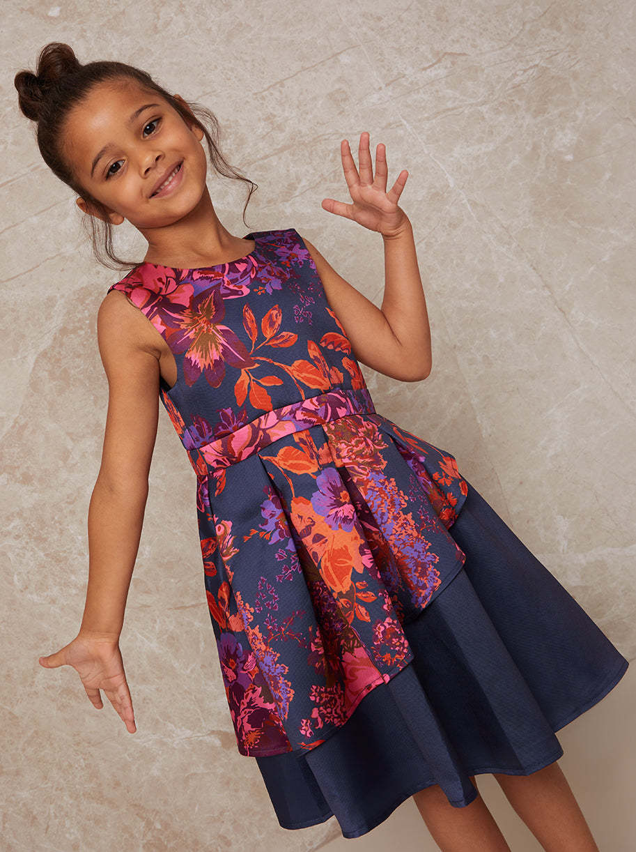 Girls Printed Asymmetric Detail Midi Dress in Navy