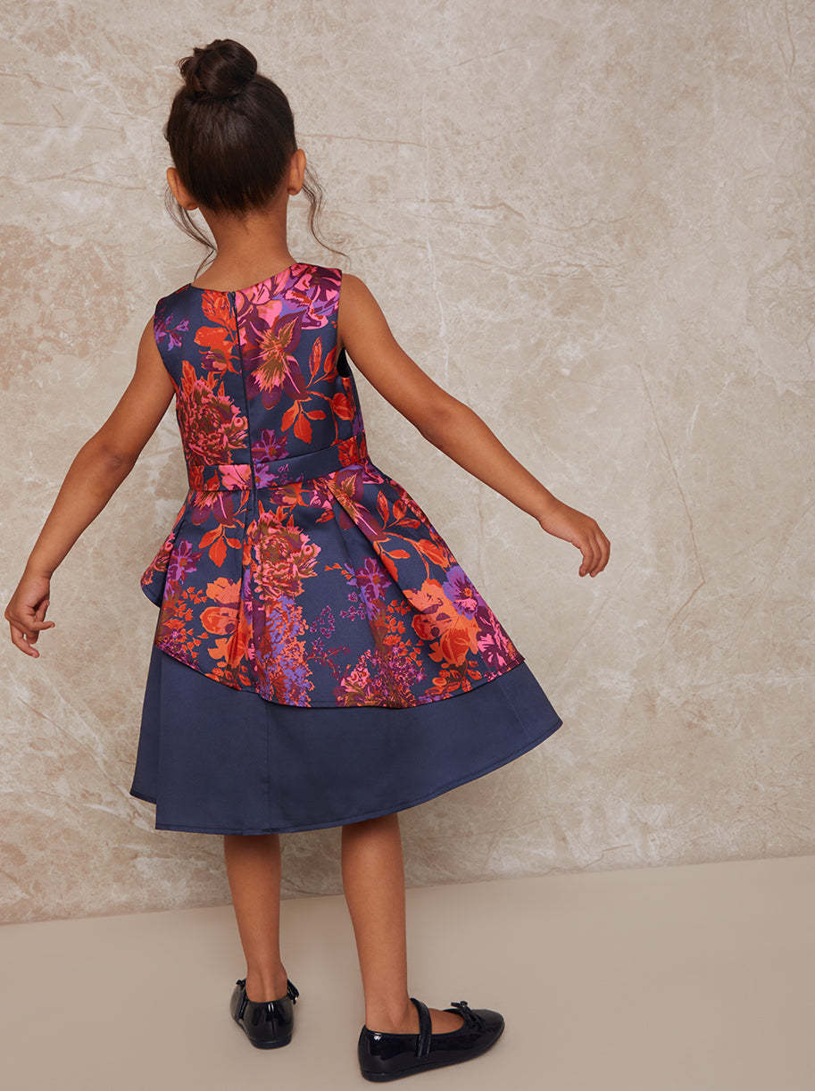 Girls Printed Asymmetric Detail Midi Dress in Navy