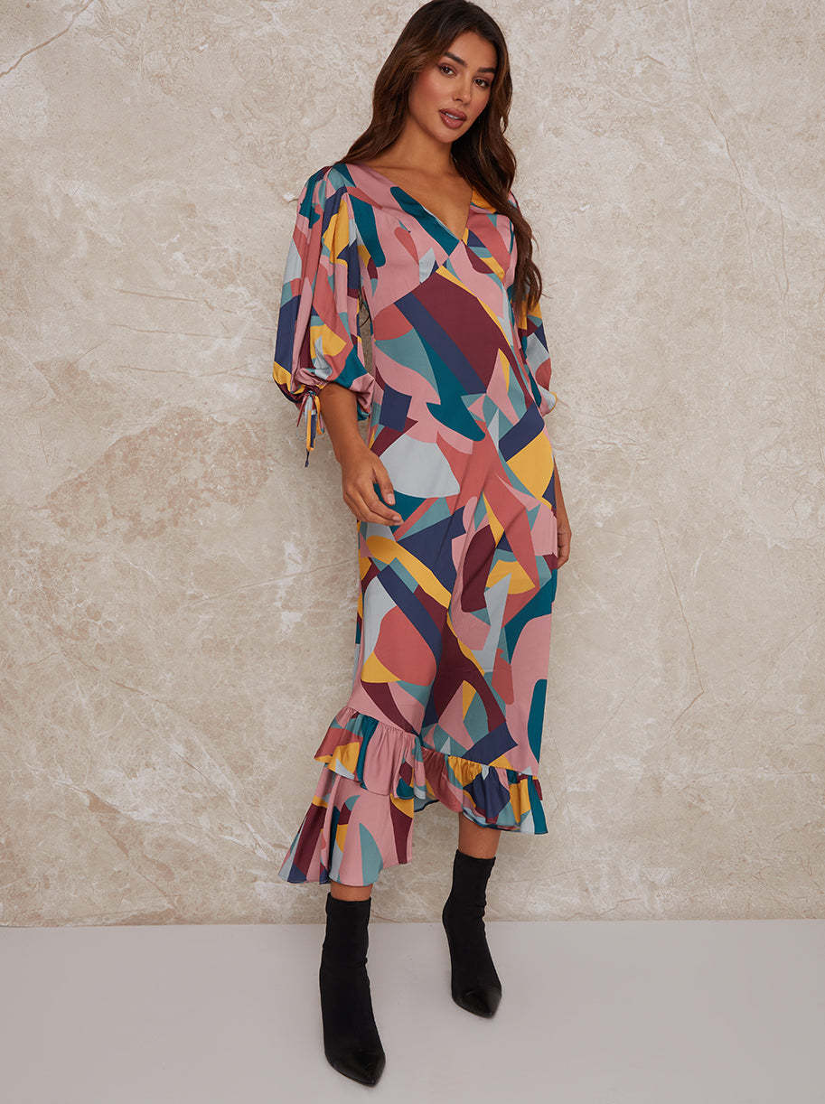 V Neck Puff Sleeve Graphic Print Maxi Dress in Multi