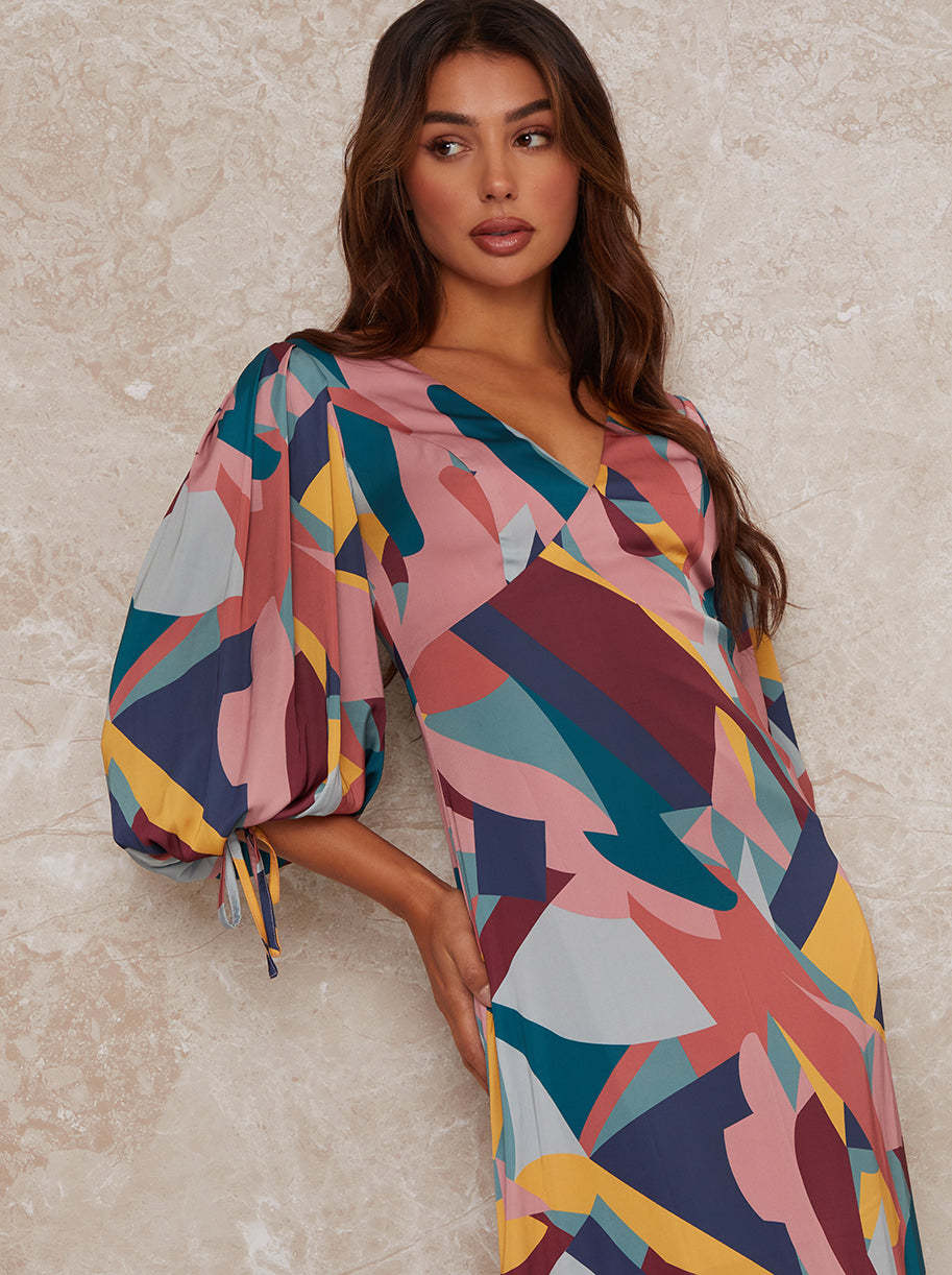 V Neck Puff Sleeve Graphic Print Maxi Dress in Multi