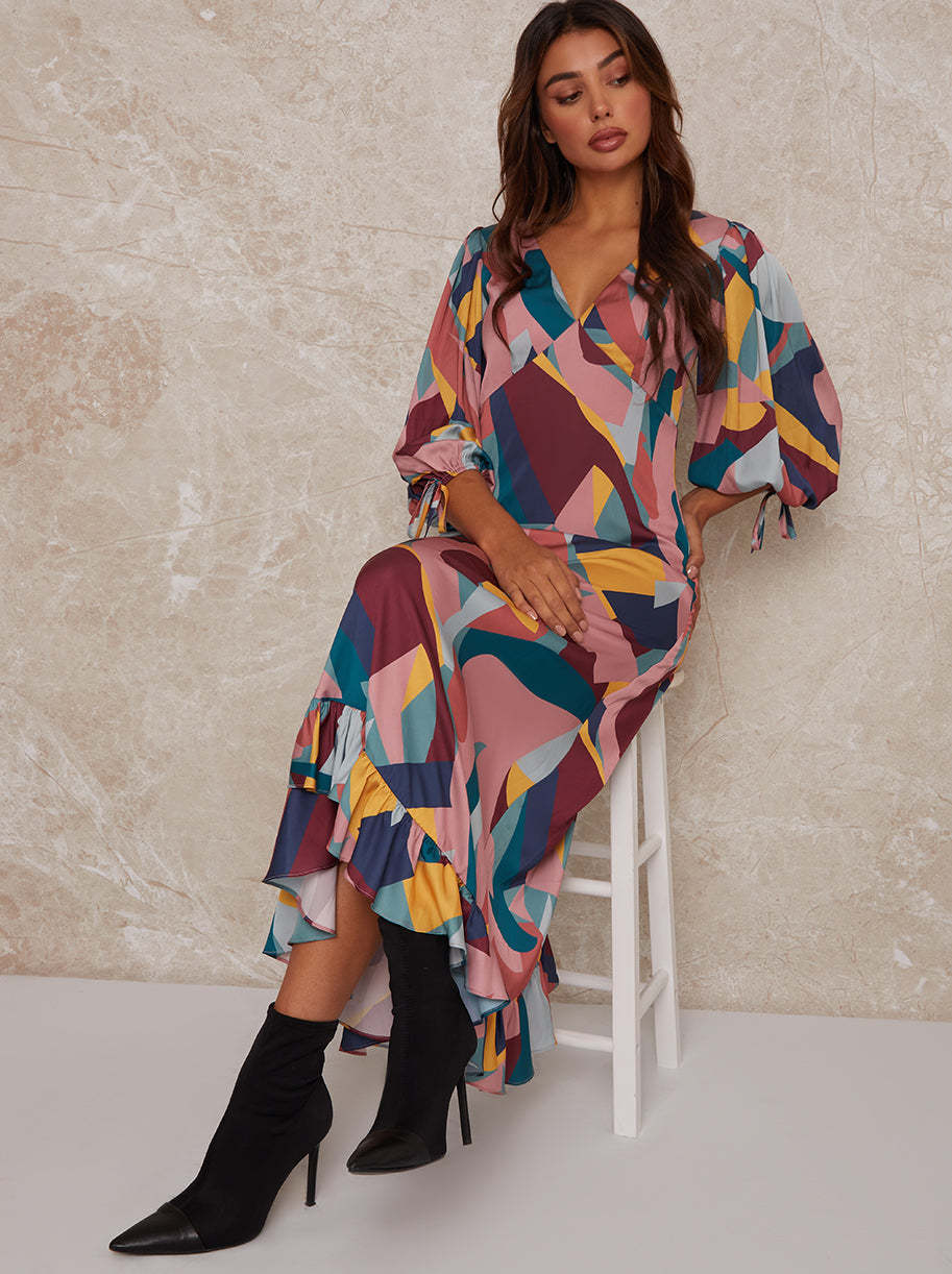 V Neck Puff Sleeve Graphic Print Maxi Dress in Multi