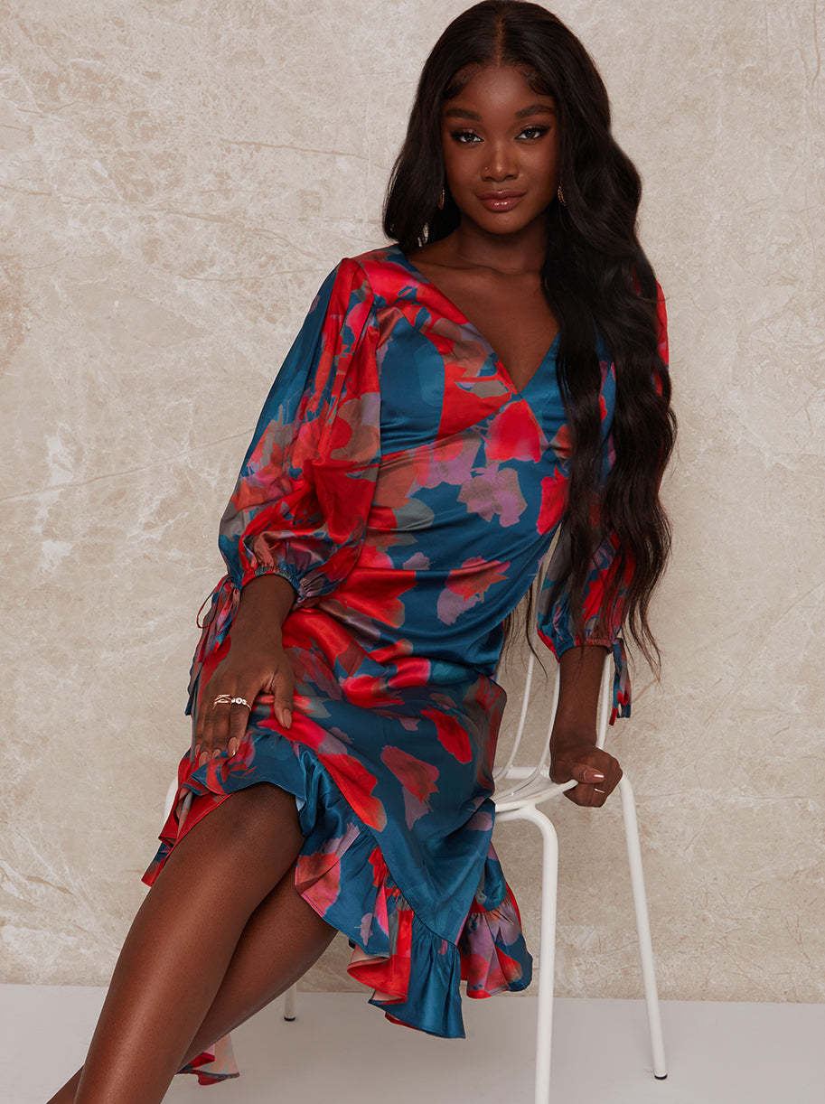 V Neck Puff Sleeve Floral Midi Dress in Navy