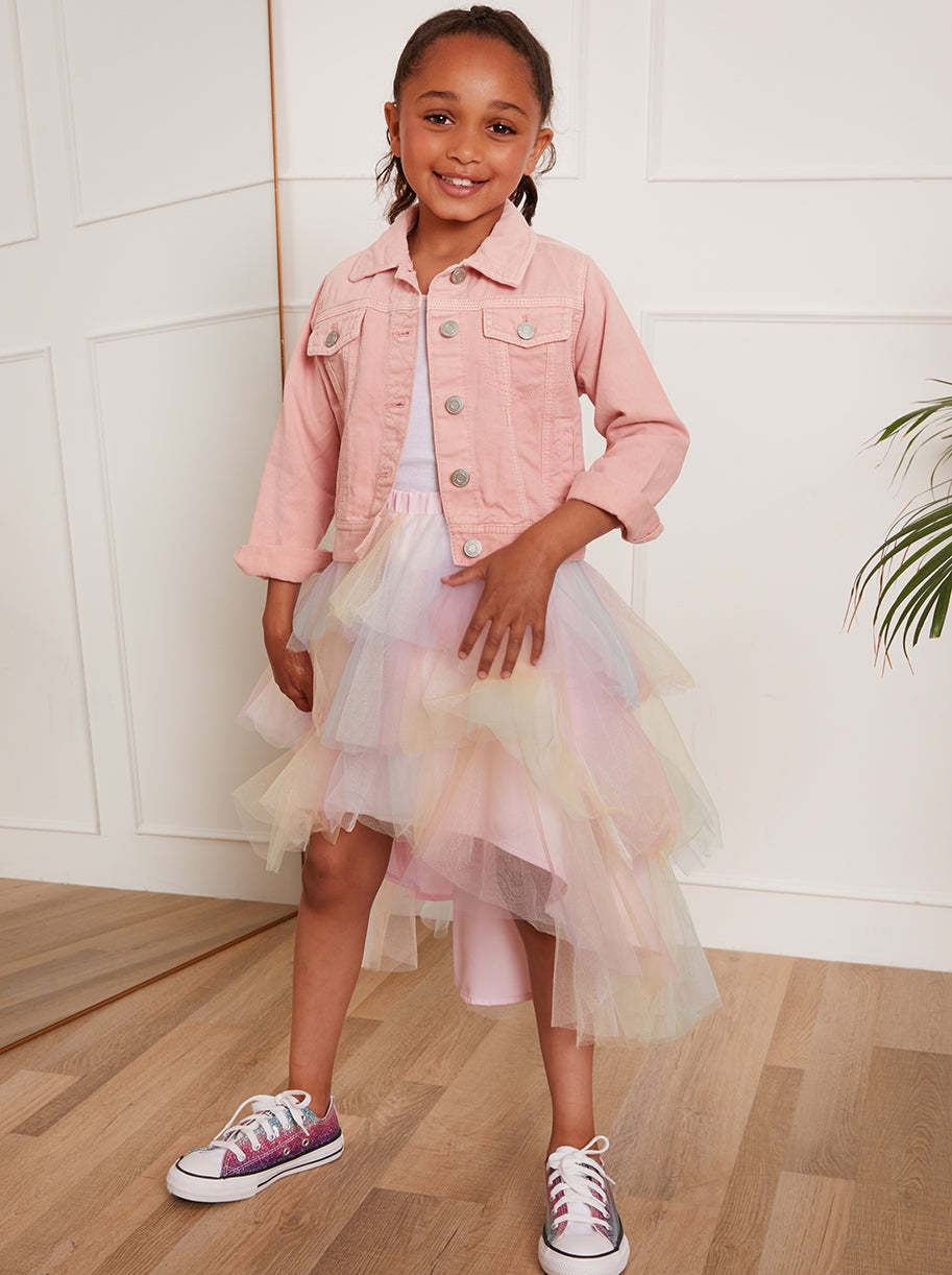 Younger Girls Rainbow Tiered Dip Hem Skirt in Pink
