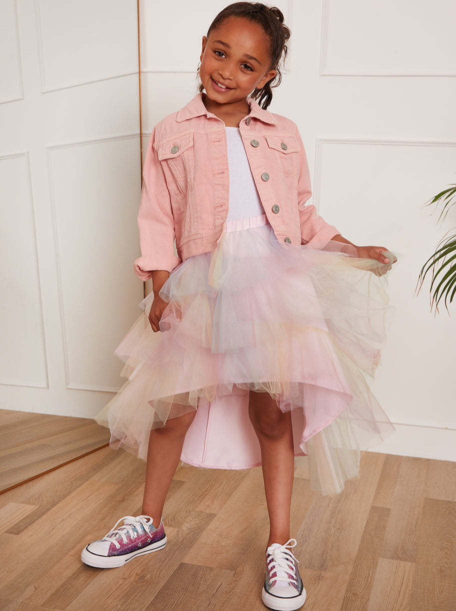 Younger Girls Rainbow Tiered Dip Hem Skirt in Pink
