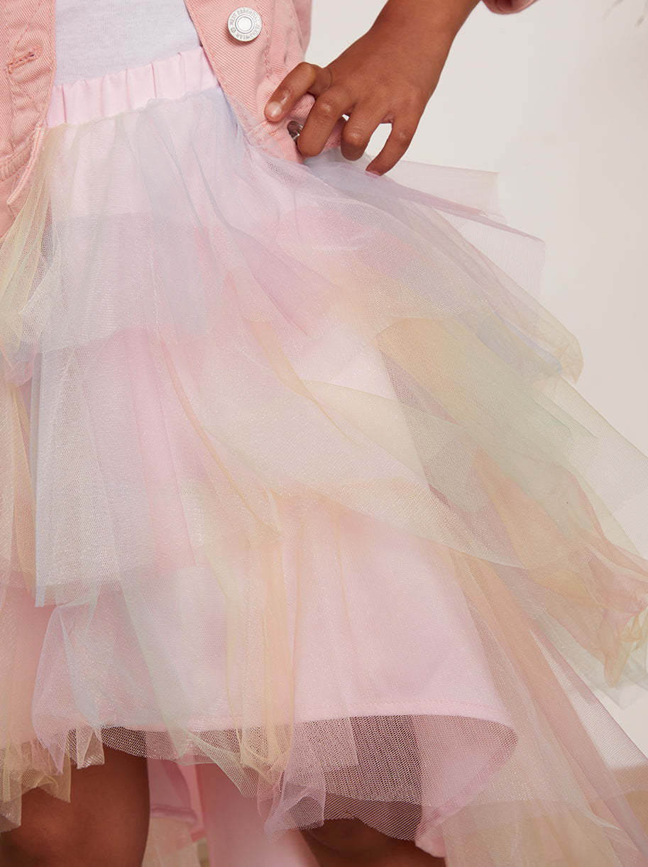 Younger Girls Rainbow Tiered Dip Hem Skirt in Pink