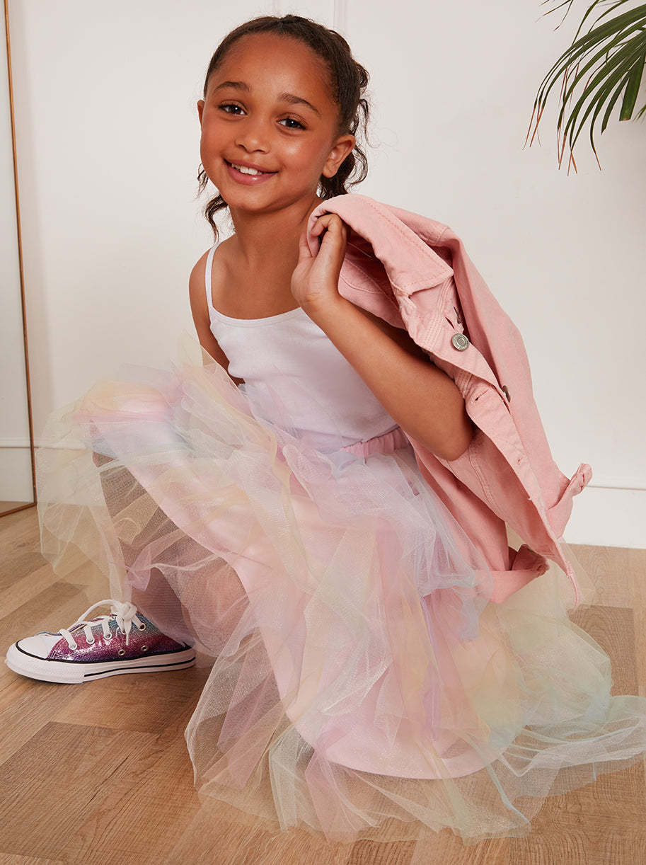 Younger Girls Rainbow Tiered Dip Hem Skirt in Pink