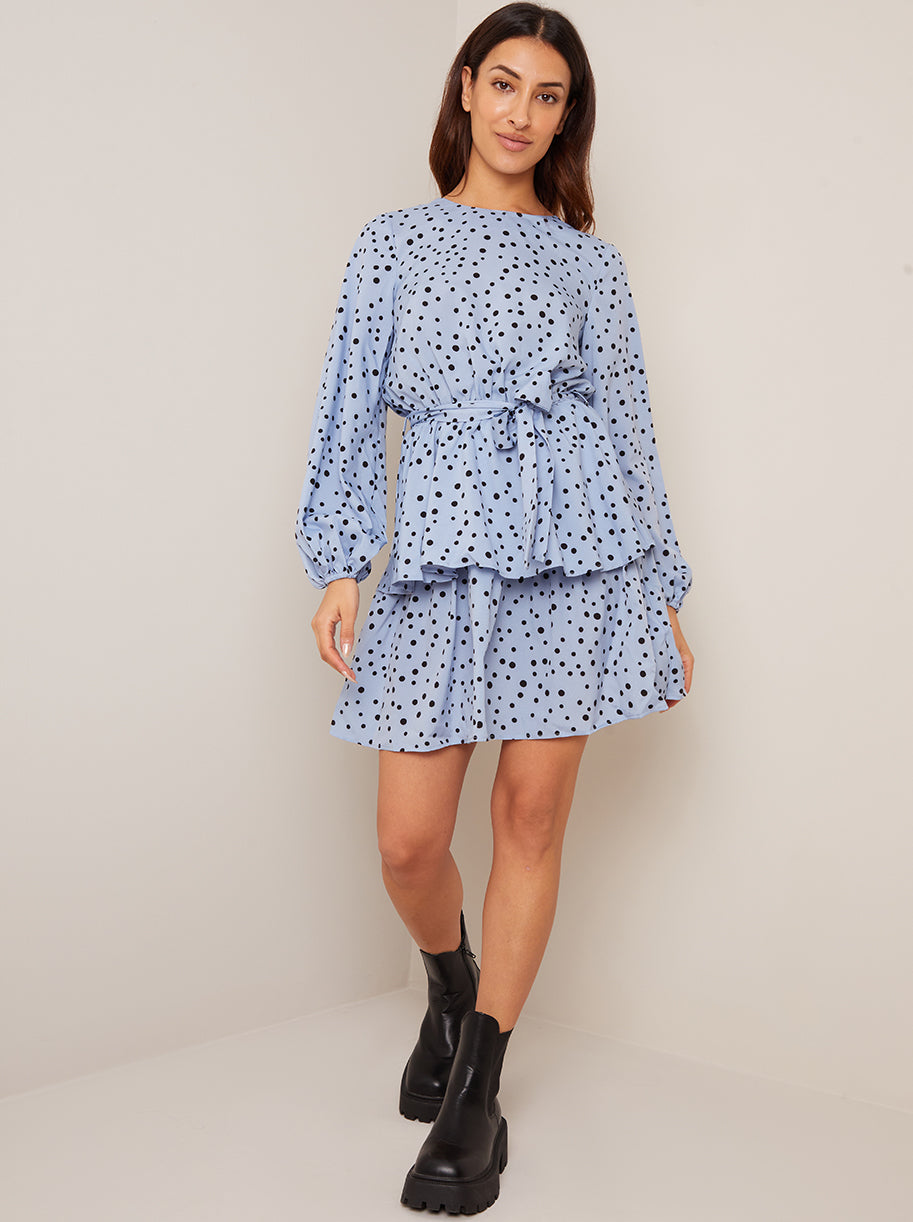 Long Sleeve Spot Print Mini Dress in Blue