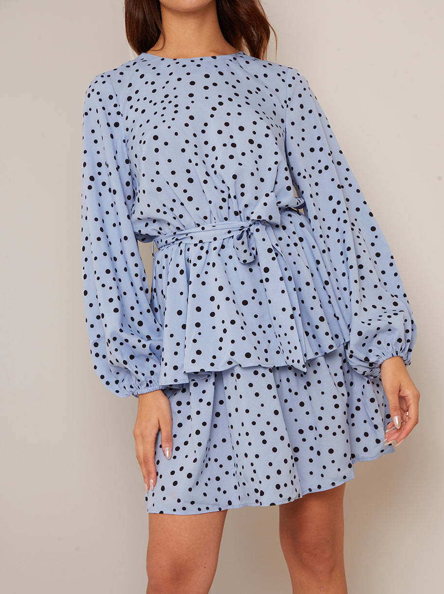 Long Sleeve Spot Print Mini Dress in Blue