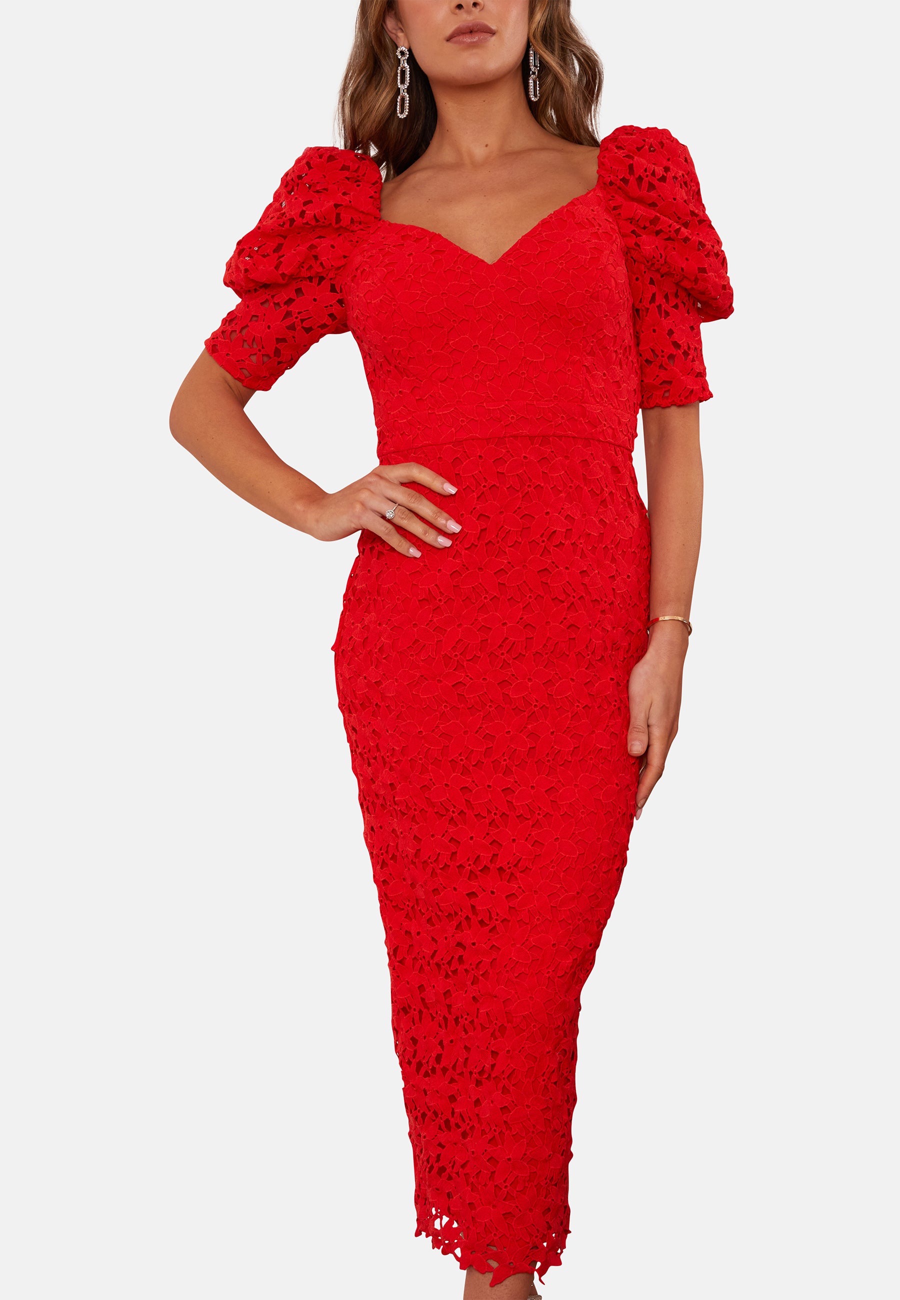 Puff Sleeve Lace Long Midi Dress in Red | Chi Chi London UK