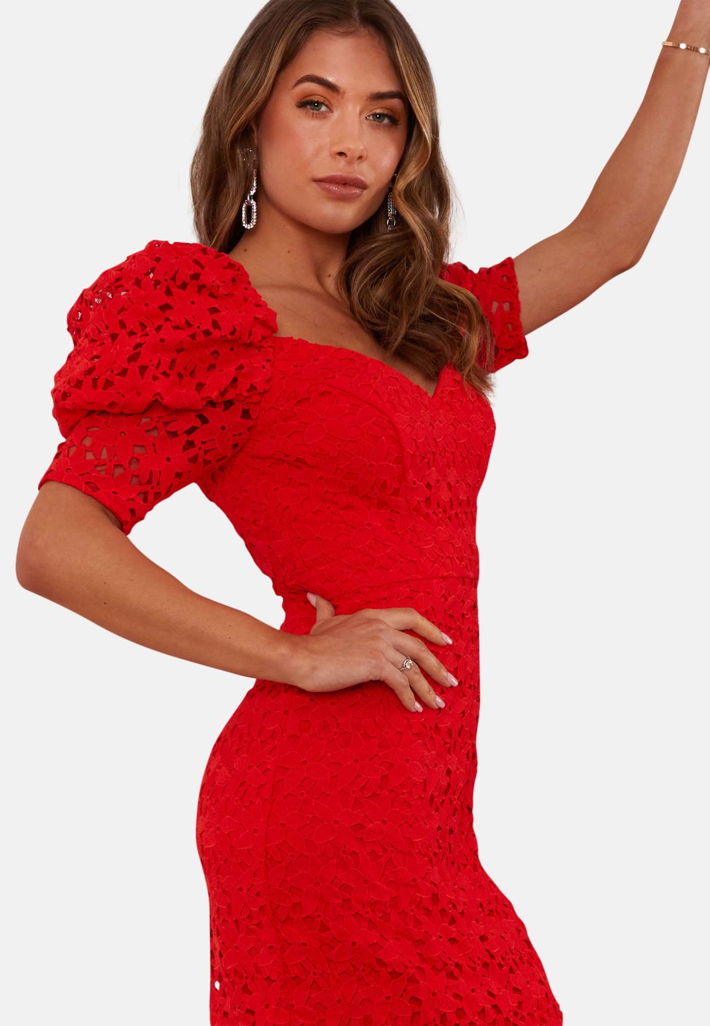 Puff Sleeve Lace Long Midi Dress in Red Chi Chi London