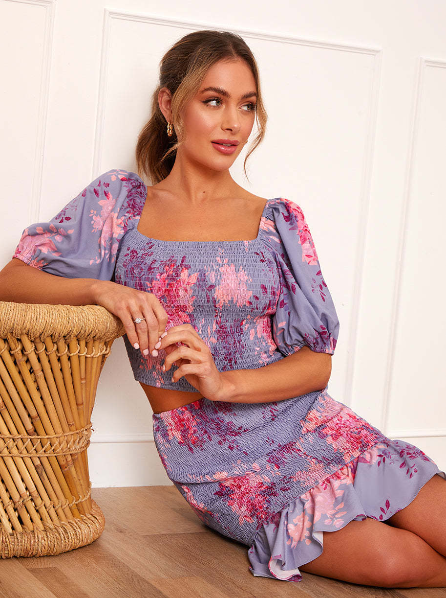 Floral Printed Shirred Mini Skirt in Purple