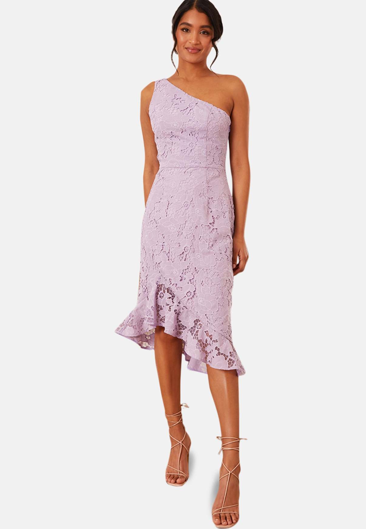One Shoulder Premium Lace Midi Dress in Lilac | Chi Chi London UK