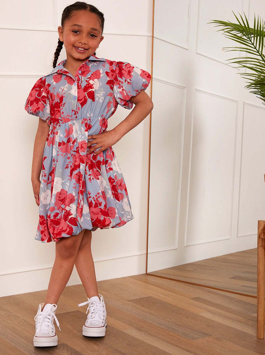 Girls Puff Sleeve Floral Mini Shirt Dress in Blue