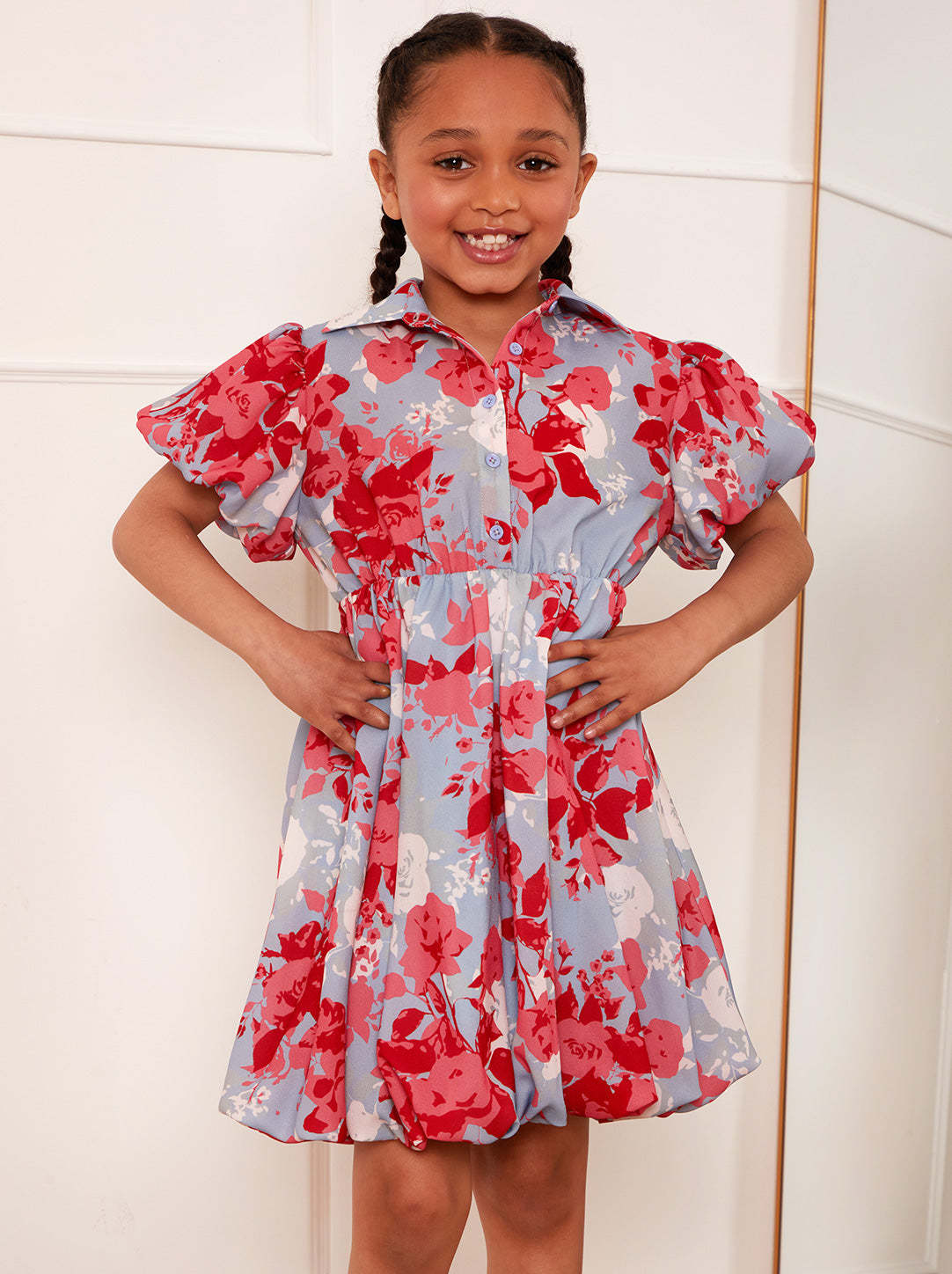 Girls Puff Sleeve Floral Mini Shirt Dress in Blue
