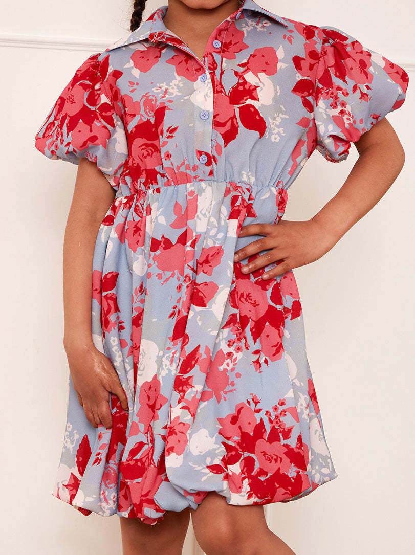 Girls Puff Sleeve Floral Mini Shirt Dress in Blue