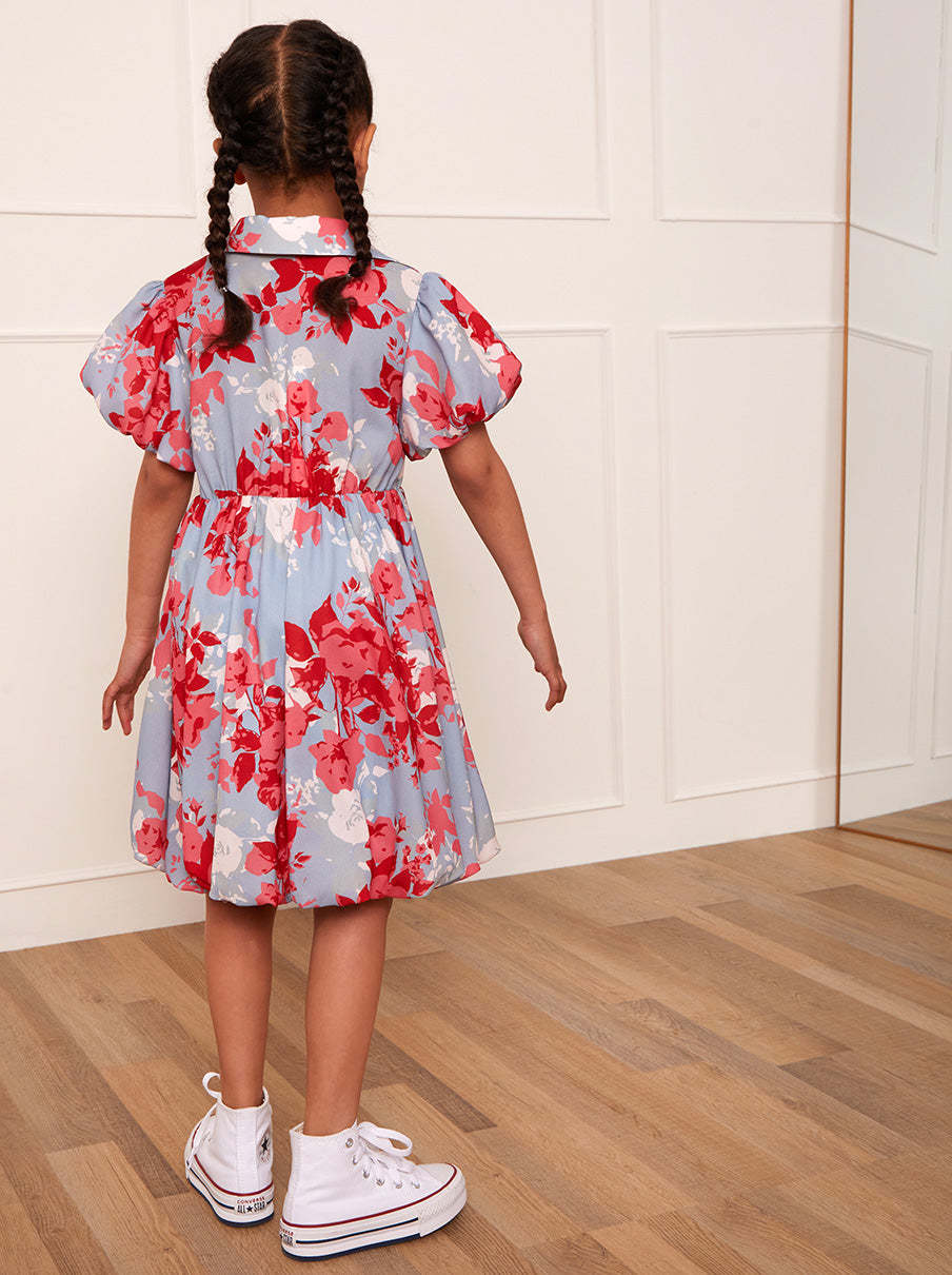 Girls Puff Sleeve Floral Mini Shirt Dress in Blue