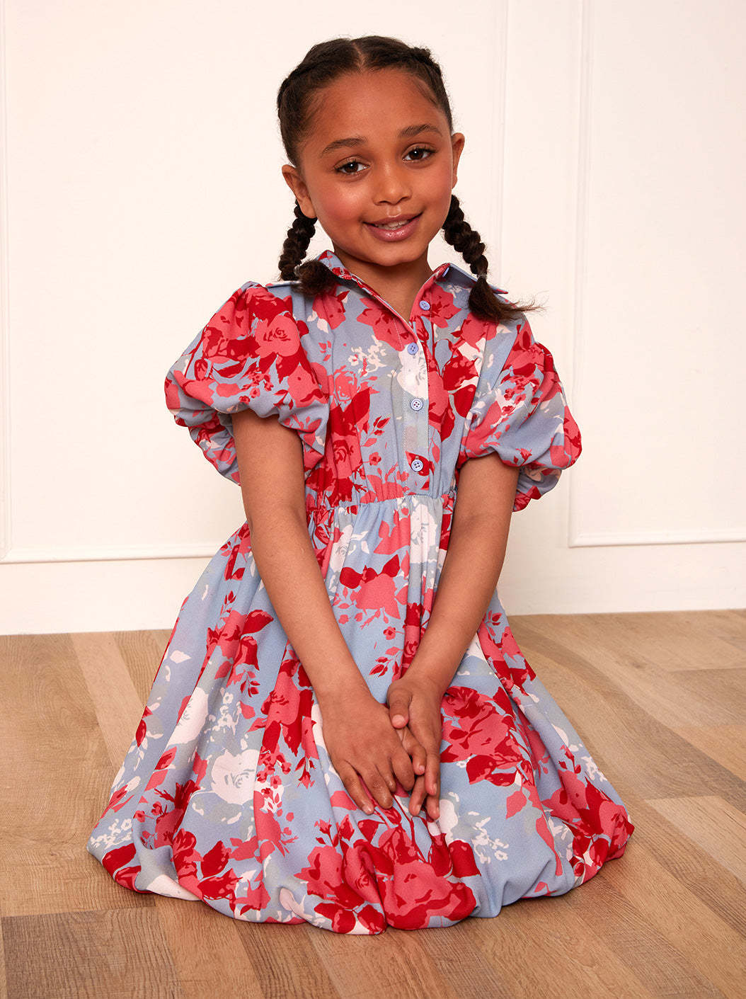 Girls Puff Sleeve Floral Mini Shirt Dress in Blue