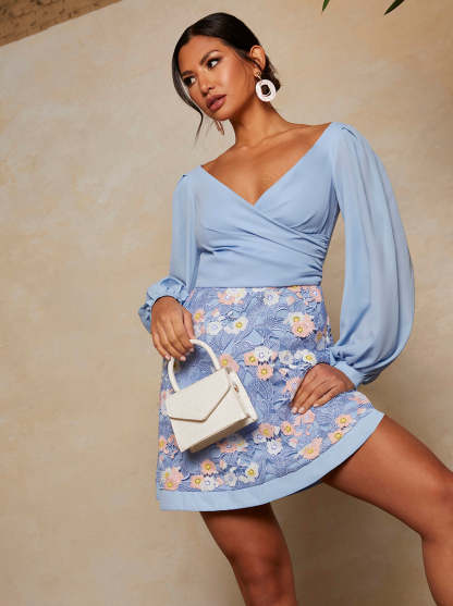 Wrap Front Premium Lace Mini Dress in Blue