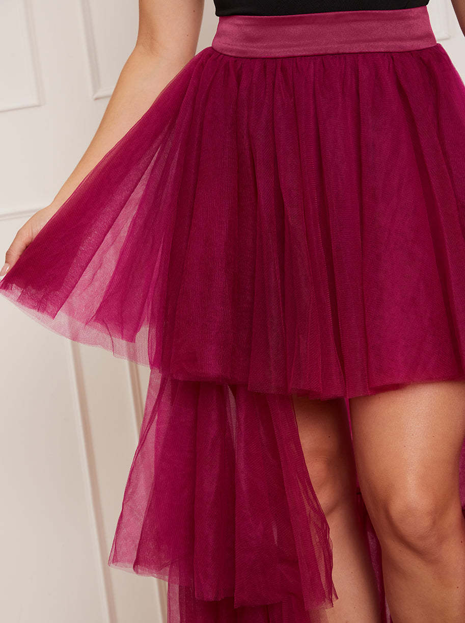 Petite Tiered Tulle Dip Hem Skirt in Purple