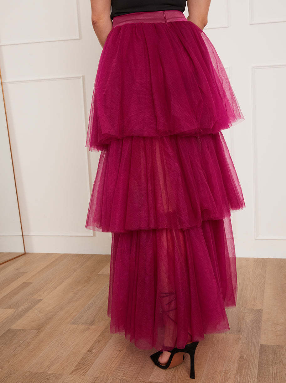 Petite Tiered Tulle Dip Hem Skirt in Purple