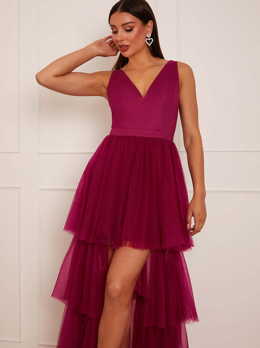 V Neck Tiered Tulle Dip Hem Dress in Berry