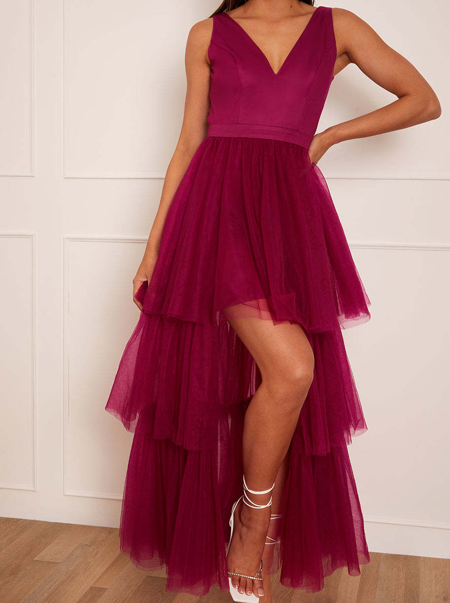 V Neck Tiered Tulle Dip Hem Dress in Berry