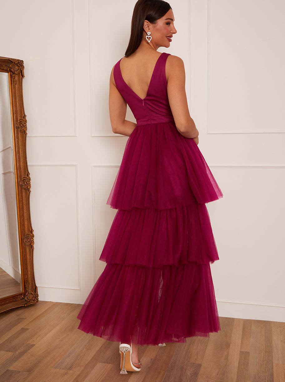 V Neck Tiered Tulle Dip Hem Dress in Berry